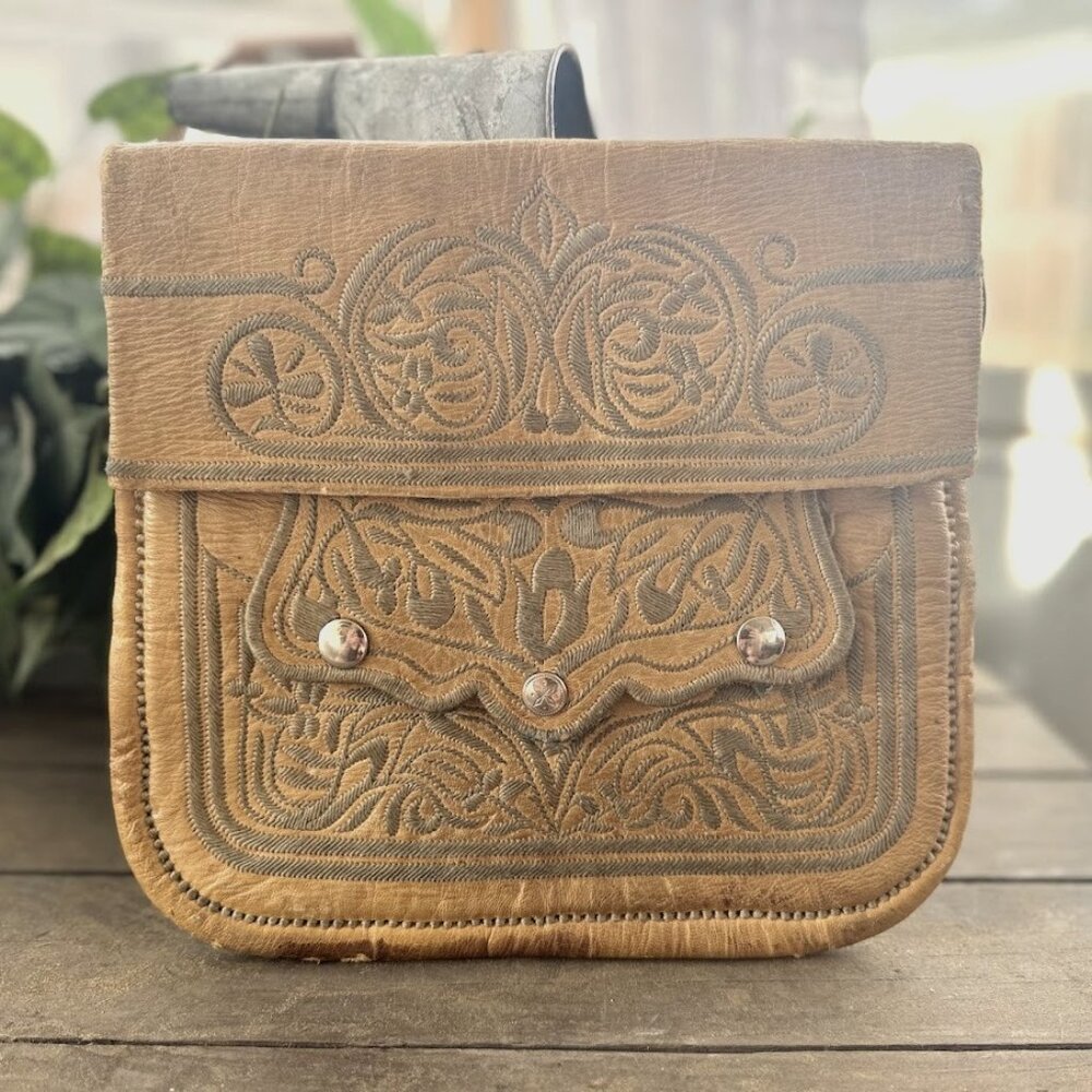 Vintage Moroccan Messenger Hand Tooled Leather Bag